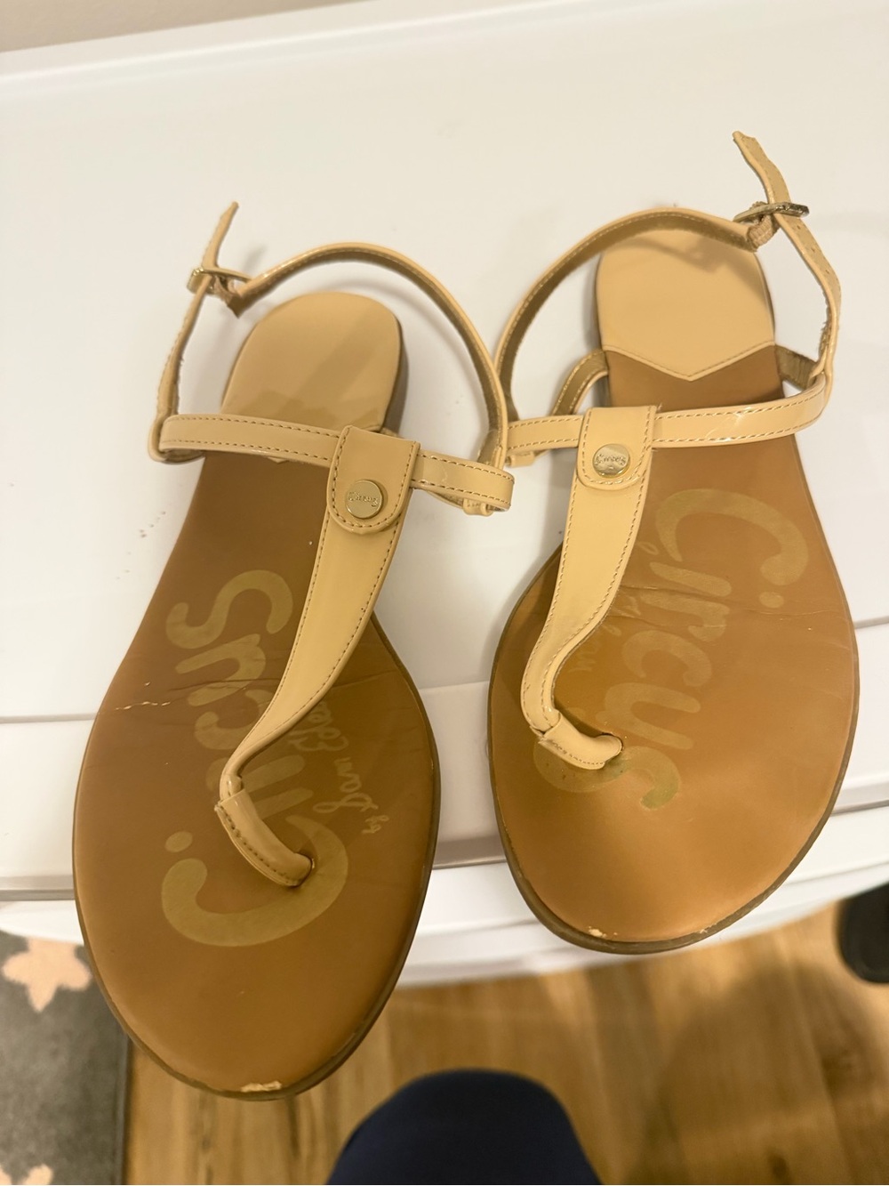 Sam Edelman Beige/Tan Leather T-Strap Sandals